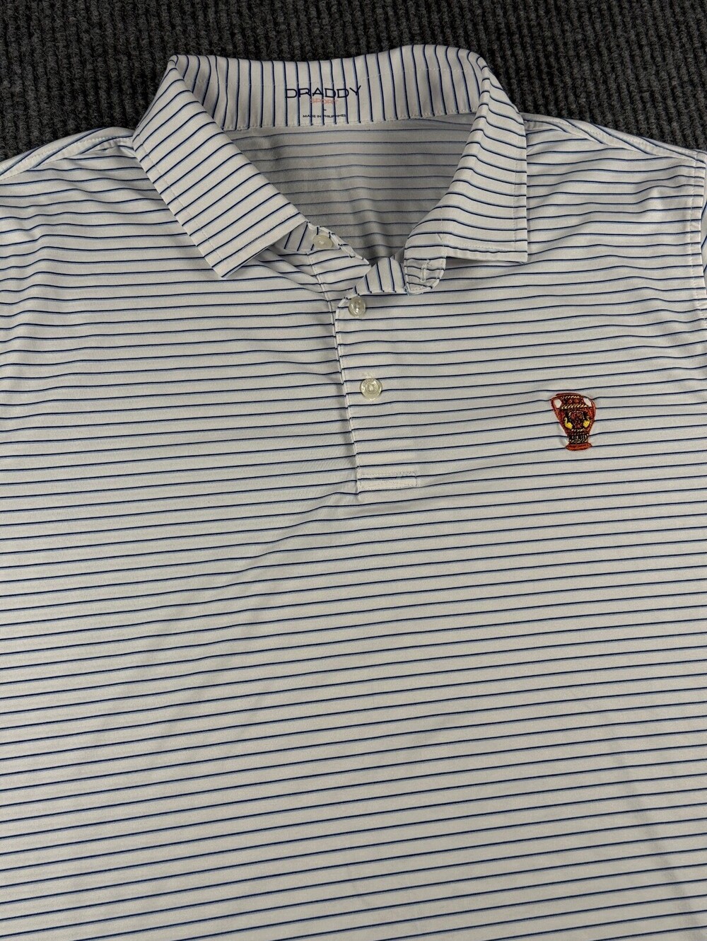 B. Draddy Sport Golf Polo Mens L Short Sleeve Greek Urn Logo White Navy Striped